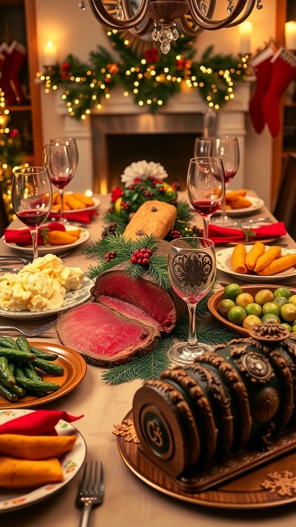 Elegant Christmas Dinner Menu An elegant Christmas dinner table with prime rib, mashed potatoes, Brussels sprouts, and yule log cake.